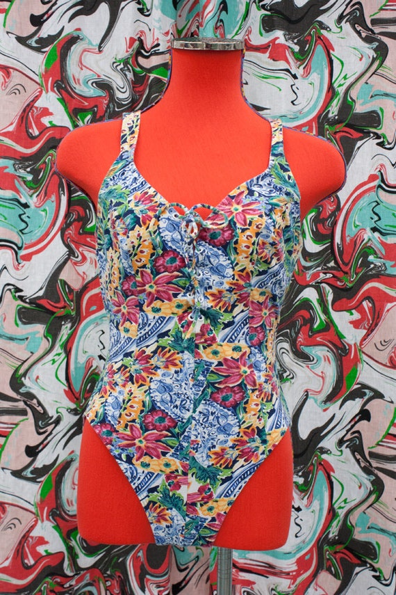1980's, 1990's lace up floral bodysuit swimsuit