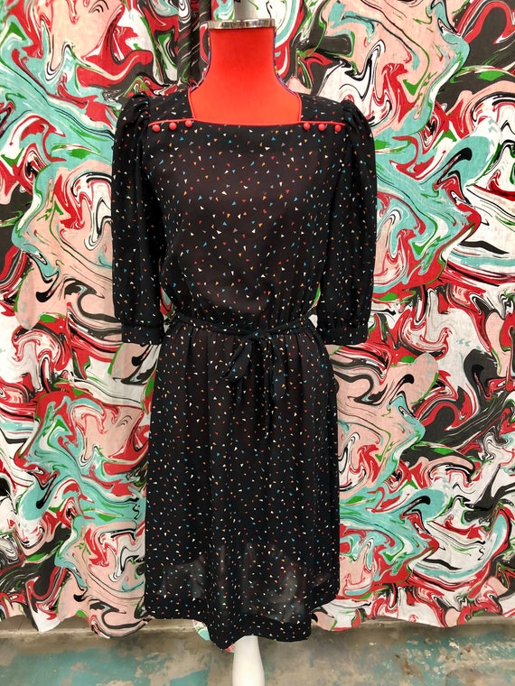 Vintage 80s Confetti Print Sheer Black Dress Wome… - image 2