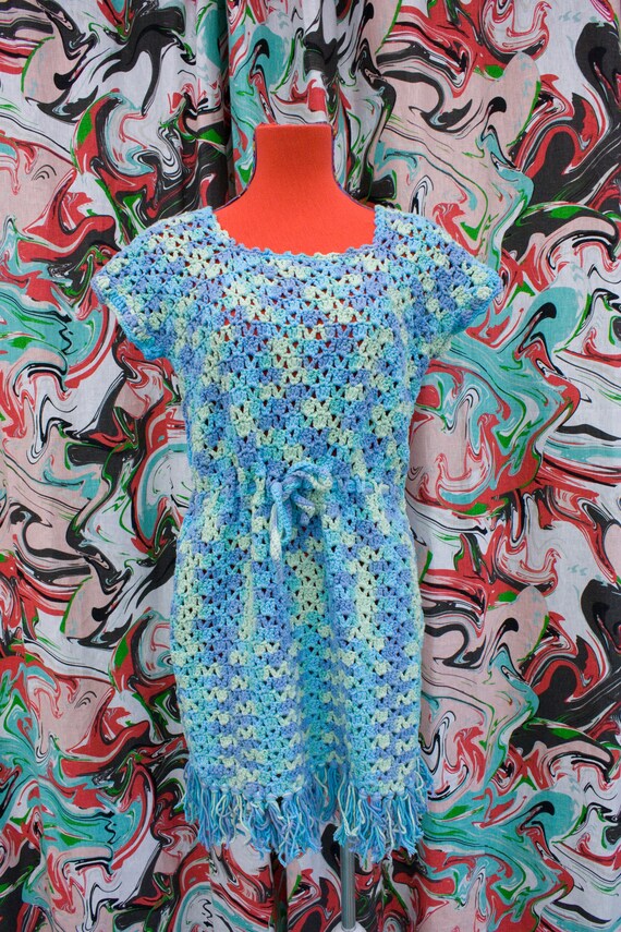 1970's blue marble crochet dress with fringe!