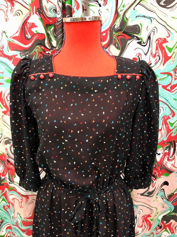 Vintage 80s Confetti Print Sheer Black Dress Wome… - image 1