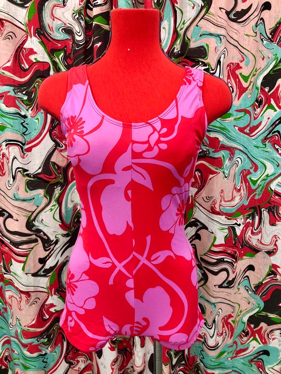 1990's does 60's hibiscus print swimsuit