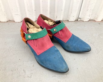 Vintage Western Style Harness Shoes Women’s Size 8 Multicolor Colorblock tags Mule Cowboy Boot 80s 90s Rainbow Bright Color Green Pink Suede