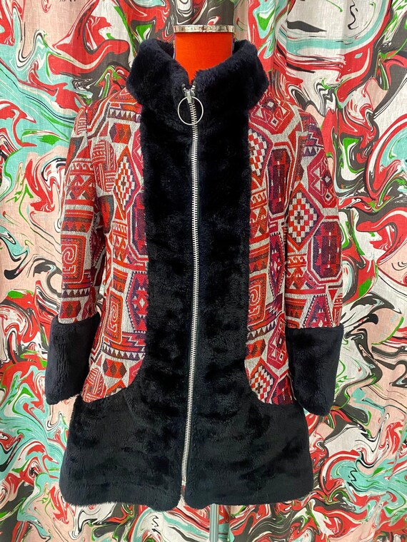 Vintage 60s 70s Tapestry Coat Jacket Sears Brand Fur Trim Size