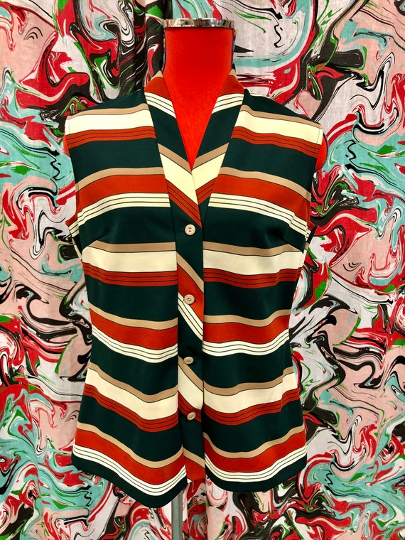 1970's rust and green striped blouse