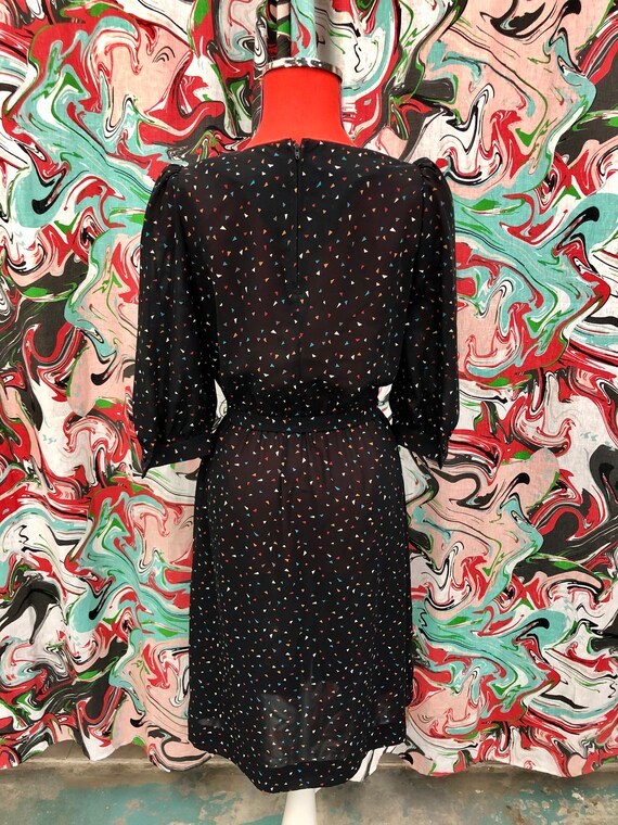 Vintage 80s Confetti Print Sheer Black Dress Wome… - image 4