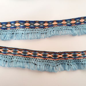 Ethnic woven ribbon with fringes 28 mm 3 colors Bleu ciel