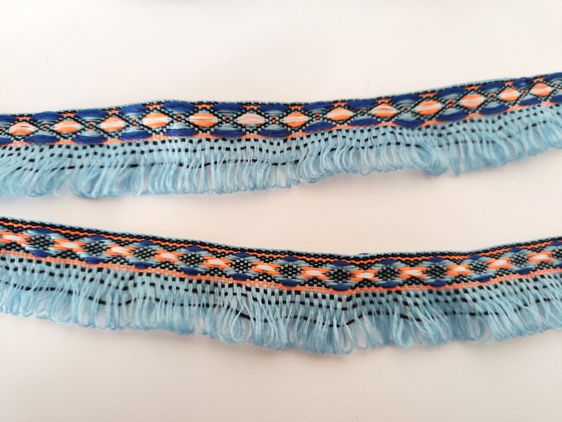 Ethnic woven ribbon with fringes 28 mm 3 colors Bleu ciel