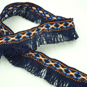 Ethnic woven ribbon with fringes 28 mm 3 colors Blue