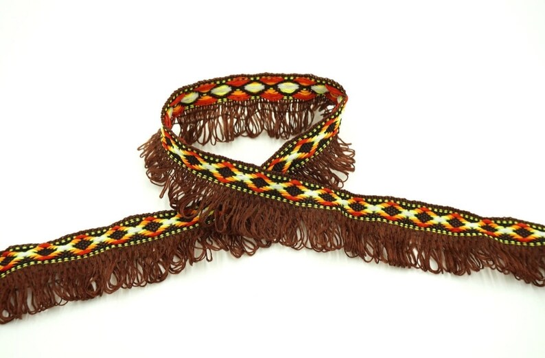 Ethnic woven ribbon with fringes 28 mm 3 colors Brown