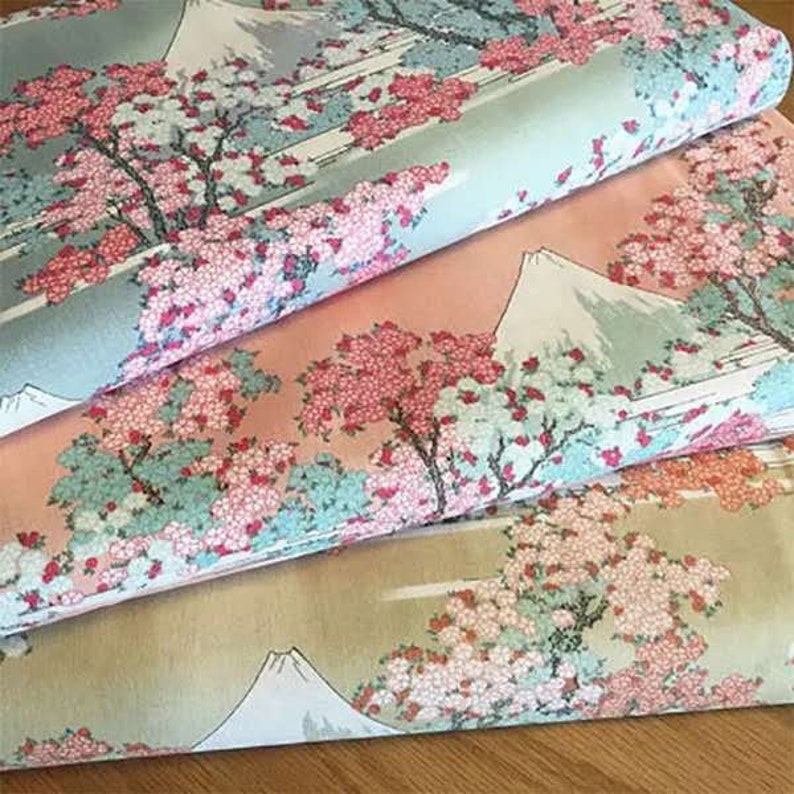 Japanese fabric coupon cotton sakura cherry blossoms Mount Fuji pink blue 1 m x 1.4 m