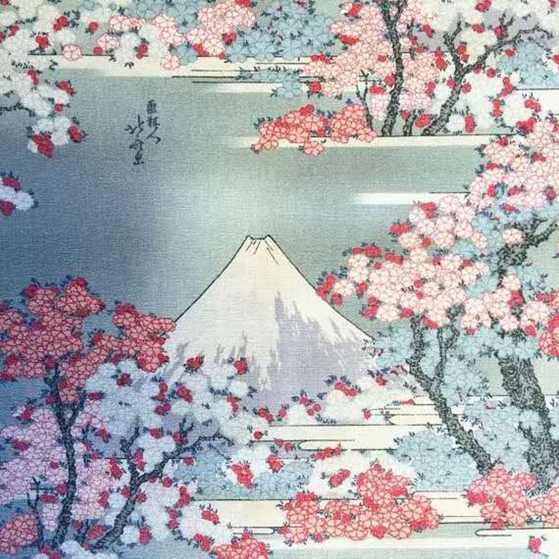 Japanese fabric coupon cotton sakura cherry blossoms Mount Fuji pink blue 1 m x 1.4 m