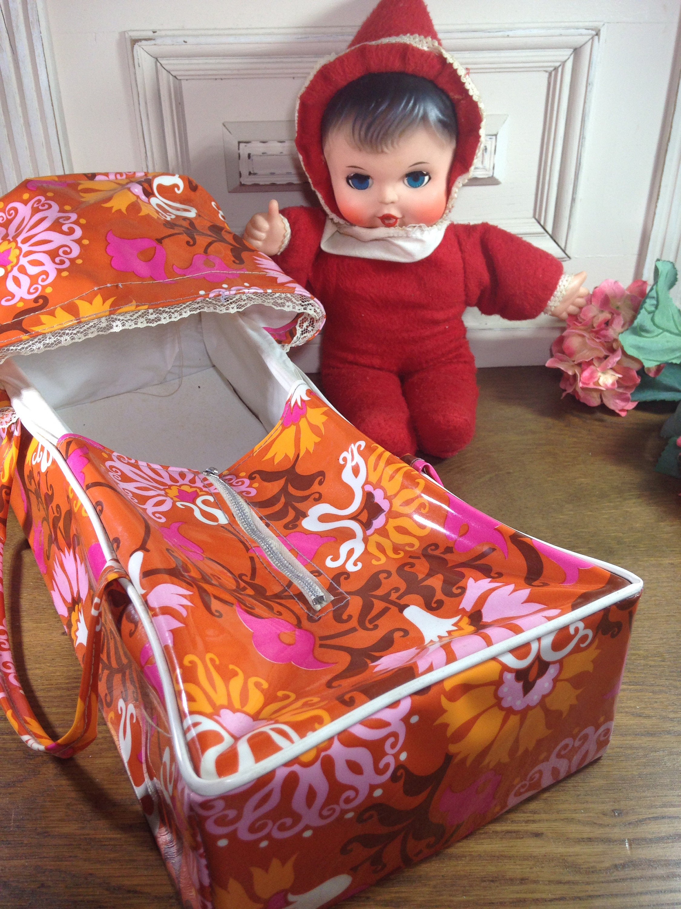 Vintage Dolls Carry Cot Retro Floral Doll Carrier Bed Rib Etsy