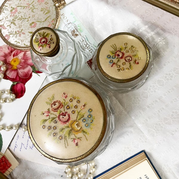 Vintage Trio of  Glass Vanity Pots/ Pressed Glass Powder Pots / Perfume Bottle/Regents of London / Dressing Table Decor