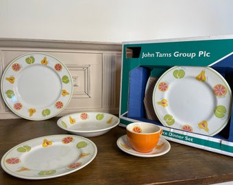 Vintage Tams 20 piece Dinner Set / Fruit Print Tableware / Boxed Set /1980's Retro Plates /Bowls /Cups and saucers