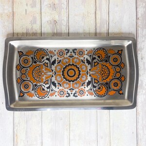 Vintage Viners 70s Serving Tray Gerald Benney Stainless Steel Orange Floral