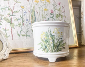 Jardinière vintage St Michel Alyssum - Jardinière sur pied en céramique blanche et florale / Décoration des années 80 - Pot de fleurs bohème