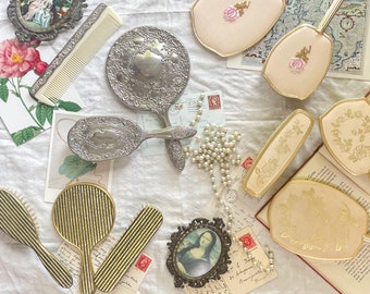 Vintage Vanity Set /Brush and mirror set /Mid Century Dressing Table Decor /Hand Held Mirror/Vintage  Embroidery