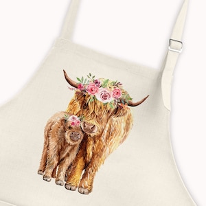 Floral Highland Cows Linen Apron