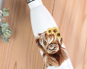 Floral Highland Cow Water Bottle