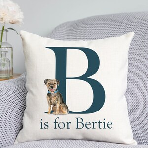 May include: A white cushion with a navy blue letter B and a brown and black dog sitting in front of the letter. The text "is for Bertie" is printed below the letter.