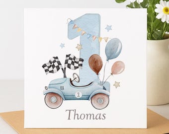 Personalised Car Birthday Card, Age 1 to 5 Birthday Card Boy, Custom Name Race Car Card, Kids Birthday Card