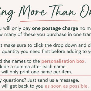 May include: An informational graphic with a light pink background and dark text. The header reads Buying More Than One? followed by four bullet points with icons: a heart, a shopping basket, a pencil, and an envelope, explaining ordering steps.