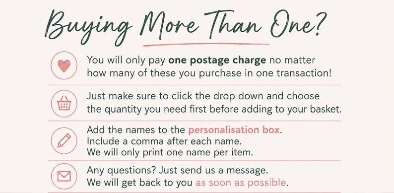 May include: An informational graphic with a light pink background and dark text. The header reads Buying More Than One? followed by four bullet points with icons: a heart, a shopping basket, a pencil, and an envelope, explaining ordering steps.