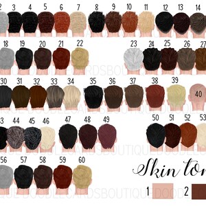 May include: A chart of 60 different skin tone options for customizing digital illustrations. The chart is divided into rows and columns, with each square showing a different skin tone. The skin tones range from very light to very dark. There are two skin tone options labelled 1 and 2.