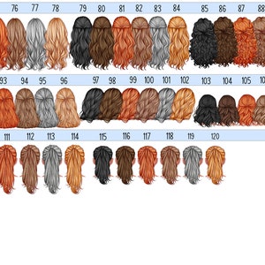 May include: A chart with 120 different hairstyles, each numbered. The hairstyles are all of women with long hair, and are in various colors, including blonde, brown, red, black, and gray.