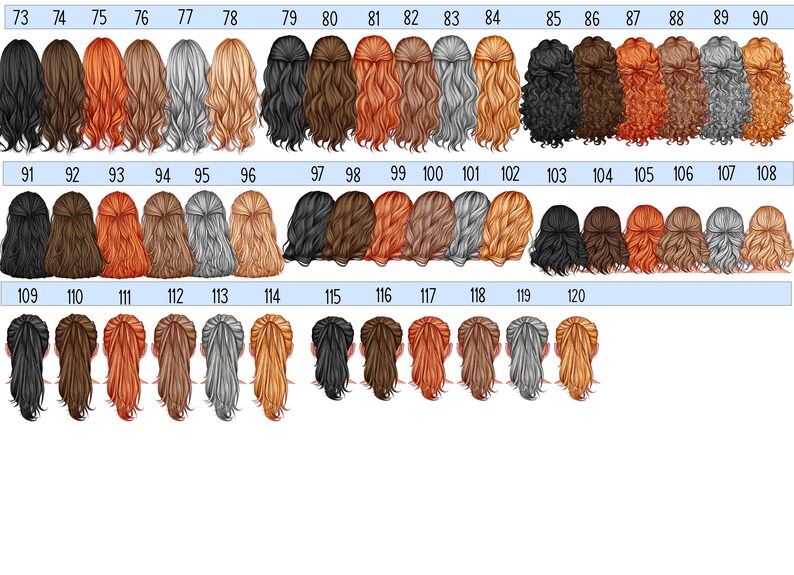 May include: A chart with 120 different hairstyles, each numbered. The hairstyles are all of women with long hair, and are in various colors, including blonde, brown, red, black, and gray.