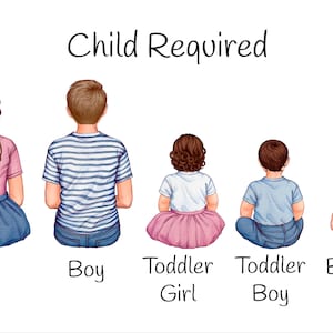 May include: Illustration of a family with a girl, boy, toddler girl, toddler boy, and a baby. The family is facing away from the viewer. The text "Child Required" is at the top of the image.