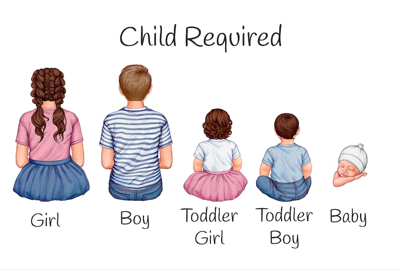 May include: Illustration of a family with a girl, boy, toddler girl, toddler boy, and a baby. The family is facing away from the viewer. The text "Child Required" is at the top of the image.