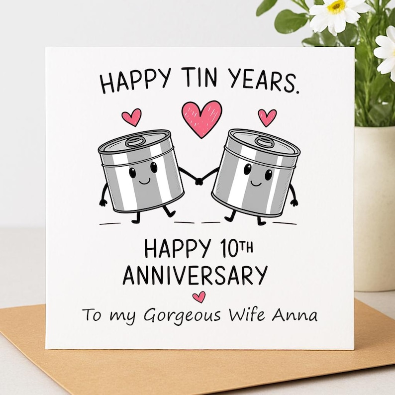 May include: A white anniversary card with the text "HAPPY TIN YEARS" and "HAPPY 10TH ANNIVERSARY." Two cartoon tin cans holding hands are featured, along with pink hearts. The card is addressed "To my Gorgeous Wife Anna."