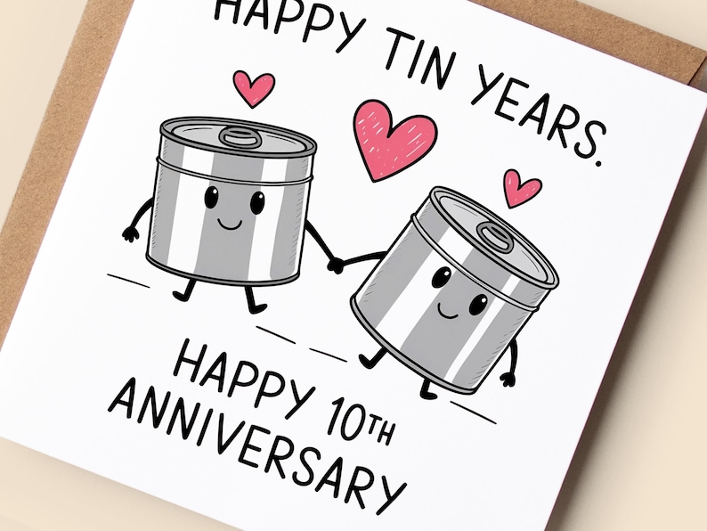 May include: A greeting card with the text "HAPPY TIN YEARS" and "HAPPY 10TH ANNIVERSARY". The card features two cartoon tin cans holding hands, with hearts above them. The card is on a brown background.
