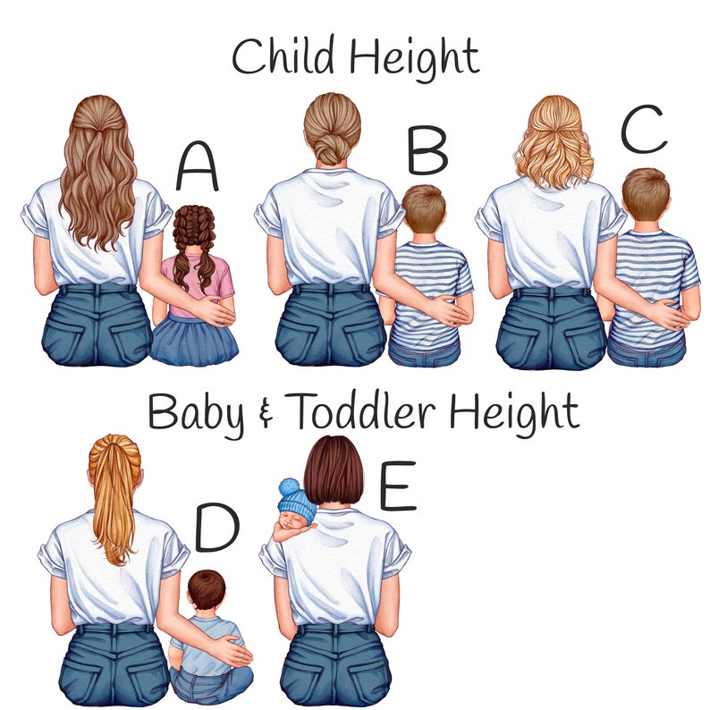 May include: Illustration of five mothers with their children, showing different heights. The mothers are wearing white shirts and blue jeans. The children are wearing various outfits. The text "Child Height" and "Baby & Toddler Height" is displayed above the illustrations.