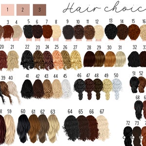 May include: A chart featuring 76 different hairstyles for creating custom avatars. The chart is divided into three skin tones and includes a variety of hair colours, lengths, and styles.