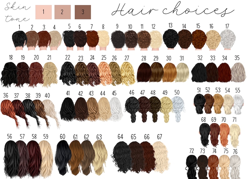 May include: A chart featuring 76 different hairstyles for creating custom avatars. The chart is divided into three skin tones and includes a variety of hair colours, lengths, and styles.