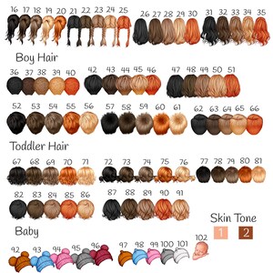 May include: A chart with various hair styles for children, labeled "Girl Hair", "Boy Hair", "Toddler Hair", and "Baby". The chart includes 102 different hair styles, numbered 1 through 102. There are also two skin tone options, labeled "1" and "2".