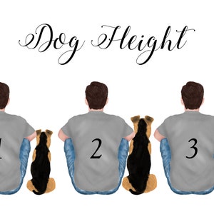 K&ouml;nnte beinhalten: Illustration von drei Figuren mit Hunden, die jeweils mit dem R&uuml;cken zum Betrachter sitzen. Die Figuren tragen graue Hemden und blaue Jeans. Die Hunde sind schwarz und braun. Der Text "Dog Height" steht oben.