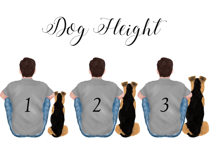 K&ouml;nnte beinhalten: Illustration von drei Figuren mit Hunden, die jeweils mit dem R&uuml;cken zum Betrachter sitzen. Die Figuren tragen graue Hemden und blaue Jeans. Die Hunde sind schwarz und braun. Der Text "Dog Height" steht oben.