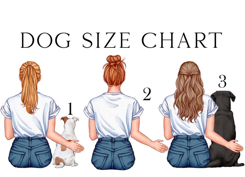 May include: A chart showing three women with different sized dogs. The text "DOG SIZE CHART" is at the top of the image. The women are wearing white shirts and blue jeans. The dogs are a small white dog, a medium brown dog, and a large black dog.