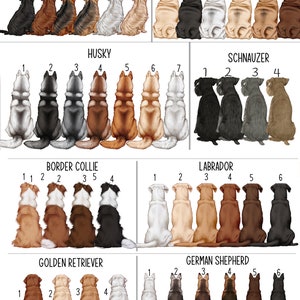 May include: Illustration of different dog breeds, including Yorkshire Terrier, Pug, Husky, Schnauzer, Border Collie, Labrador, Golden Retriever, and German Shepherd. Each breed is shown in a row of 4 to 7 dogs, with numbers 1 through 7 indicating the order of the dogs in each row.