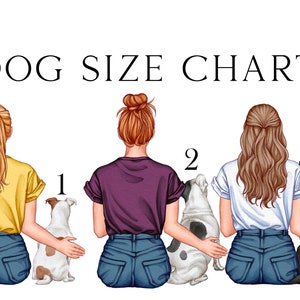 May include: A digital illustration titled DOG SIZE CHART featuring three people seen from behind, each wearing blue jeans and a t-shirt in yellow, purple, or white. Beside each person sits a dog labelled 1, 2, or 3, including a white and brown dog, a white and black spotted dog, and a solid black dog.