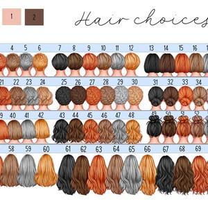 May include: A chart with 72 different hair styles for a customizable avatar. The chart is labeled "Hair choices" and has numbers 1 through 72 across the top. Each hair style is a different color, including black, brown, blonde, red, and gray.
