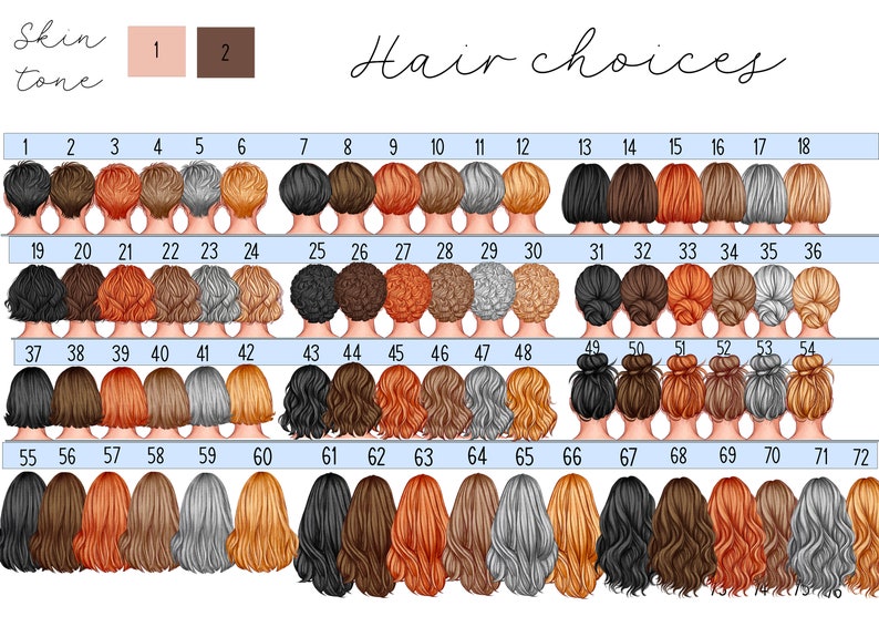 May include: A chart with 72 different hair styles for a customizable avatar. The chart is labeled "Hair choices" and has numbers 1 through 72 across the top. Each hair style is a different color, including black, brown, blonde, red, and gray.