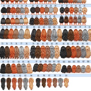 May include: A digital chart titled LADIES HAIR displaying 120 numbered illustrations of various hairstyles in black, brown, red, grey, and blonde colours. The chart features short, medium, and long hair styles, including buns, waves, and straight hair.