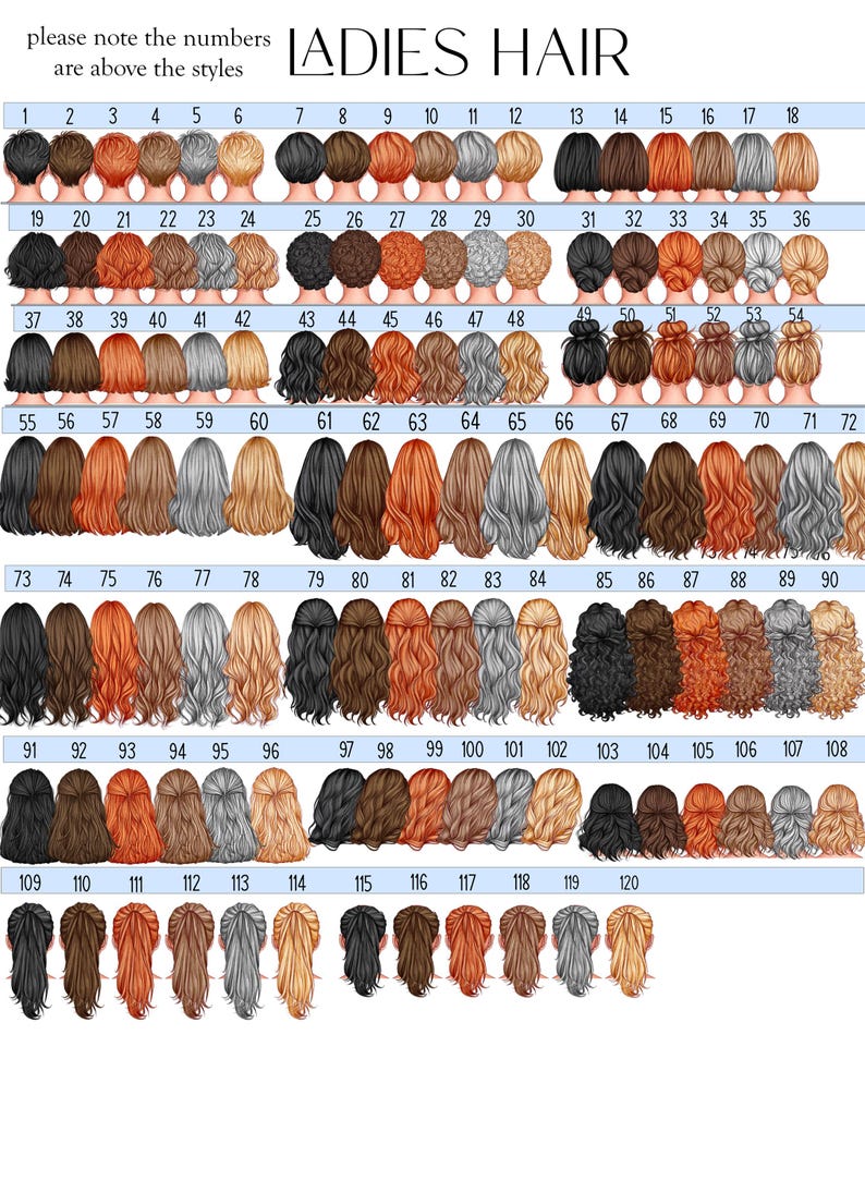 May include: A digital chart titled LADIES HAIR displaying 120 numbered illustrations of various hairstyles in black, brown, red, grey, and blonde colours. The chart features short, medium, and long hair styles, including buns, waves, and straight hair.