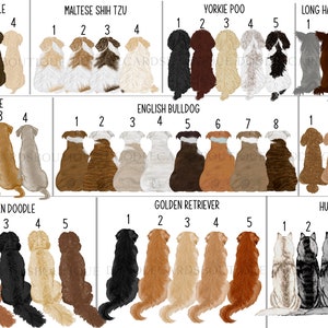 May include: Illustration of ten different dog breeds, each with five variations in colour and markings. The breeds are Schnoodle, Maltese Shih Tzu, Yorkie Poo, Long Haired Chihuahua, Puggle, English Bulldog, Toy Poodle, Golden Doodle, Golden Retriever, and Husky.