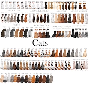 May include: A digital chart displaying various dog and cat breeds viewed from behind, organised by breed names like Jack Russell, Greyhound, and Labrador. Each animal is assigned a unique code, such as P214 or Q1, for identification and selection.