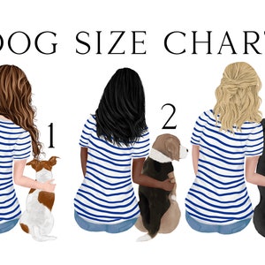 May include: A chart showing three women with their dogs, labelled 1, 2, and 3. The women are wearing blue and white striped shirts and jeans. The dogs are a Jack Russell Terrier, a Beagle, and a Black Labrador Retriever.